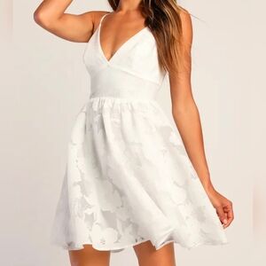Lulus Floral Feelings White Floral Jacquard Babydoll Mini Dress, Size Large